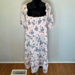 Gal Meets Glam Pink Blue Floral Smocked Midi Dress Womens 18 Puff Sleeve Ruffle